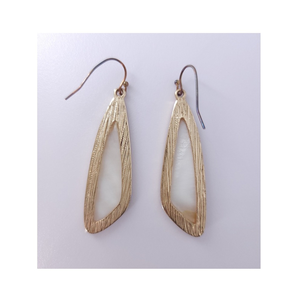 Mother of Pearl Inlay Drop Earrings White Gold Wing Minimal Boho Coastal‎ Luxury - Picture 3 of 11